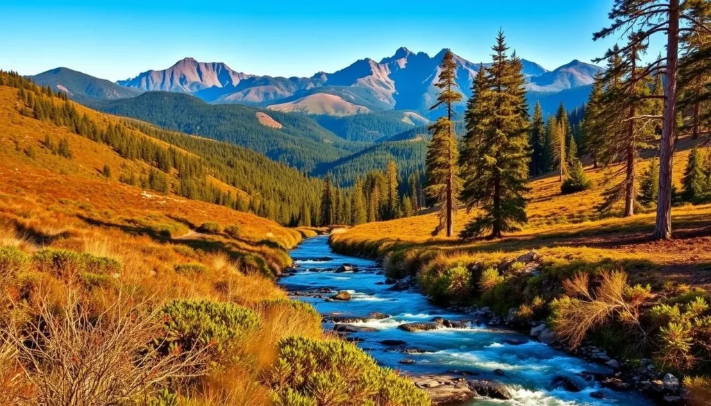 A picturesque vista of the Yolla Bolly-Middle Eel Wilderness in northern California. Rolling hills blanketed in lush, verdant foliage stretch into the distance, with towering peaks rising majestically in the background. A pristine mountain stream cuts through the foreground, its crystal-clear waters glistening in the warm, golden sunlight. Tall pine and fir trees line the banks, casting gentle shadows across the landscape. The scene exudes a serene, tranquil atmosphere, inviting the viewer to immerse themselves in the natural beauty of this untamed wilderness.