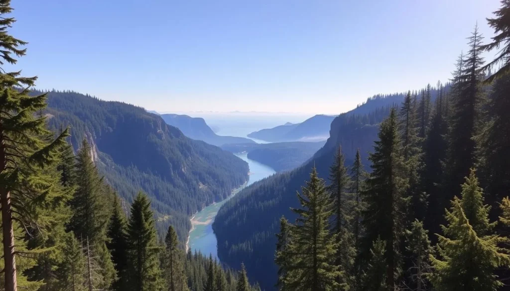 A picturesque vista of the majestic Columbia River Gorge, showcasing its striking cliffs, lush forests, and the serene flow of the river. Capture the scene on a bright, sunny day, with soft, warm lighting filtering through the canopy of towering trees in the foreground. Utilize a wide-angle lens to encompass the breadth of the landscape, highlighting the sweeping panorama of the gorge in the middle ground, and the distant, hazy peaks in the background. Convey a sense of tranquility and awe-inspiring natural beauty that embodies the essence of the Hood River region.