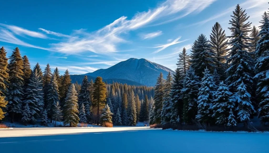 A picturesque winter landscape of Mount Baldy, California. In the foreground, a tranquil frozen lake with a gentle layer of snow. Surrounding the lake, tall pine trees covered in glistening white powder. In the middle ground, the majestic peak of Mount Baldy rises majestically, its summit dusted with a crisp, powdery snow. The sky is a brilliant azure, with wispy clouds drifting lazily overhead. Warm, golden sunlight filters through the trees, casting a serene glow over the entire scene. The atmosphere is one of peaceful solitude, inviting viewers to imagine themselves immersed in the beauty of this winter wonderland.