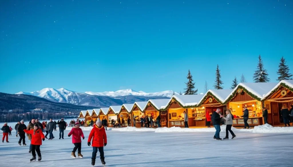 A picturesque winter scene at Georgetown Lake, Montana, with a lively celebration of the season. In the foreground, a group of people ice skating on the frozen lake, their colorful jackets and scarves adding vibrant pops of color. In the middle ground, a festive holiday market with rows of wooden stalls selling handcrafted goods, hot cocoa, and roasted chestnuts, surrounded by twinkling lights and garlands. In the background, a backdrop of snow-capped mountains and a clear, starry sky, creating a serene and magical atmosphere. The scene is illuminated by a warm, golden glow from the market's lanterns, casting a cozy and inviting ambiance over the entire landscape.