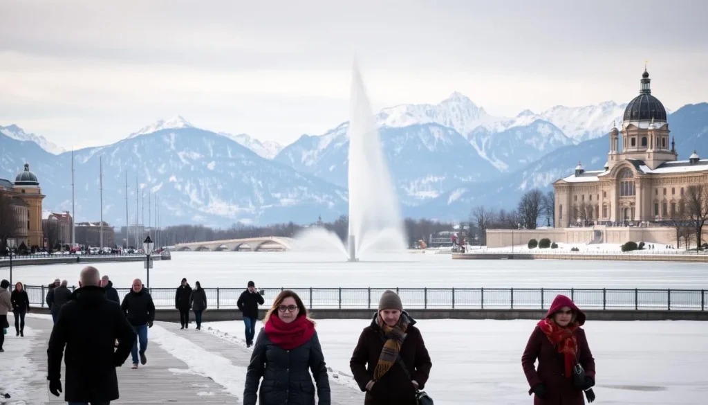 A picturesque winter scene in Geneva, Switzerland: the iconic Jet d'Eau fountain rises majestically against a backdrop of snow-capped mountains, their peaks glistening in the soft, diffused light of an overcast day. In the foreground, a tranquil frozen lake reflects the surrounding architecture, including the distinctive dome of the Cathédrale de Saint-Pierre. Pedestrians bundled in warm coats and scarves stroll along the lakeside promenade, creating a sense of serene wintertime activity. The overall mood is one of peaceful, wintry charm, perfectly capturing the essence of Geneva in the colder months.