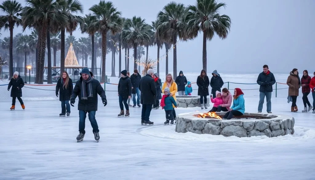 A picturesque winter scene in Pensacola, Florida. The foreground features people ice skating on a frozen lake, bundled up in warm coats and scarves. In the middle ground, families gather around a crackling fire pit, roasting marshmallows and sipping hot cocoa. The background showcases the iconic white sand beaches and towering palm trees, dusted with a light layer of snow. The lighting is soft and diffused, creating a cozy, magical atmosphere. The camera angle is slightly elevated, capturing the serene and tranquil mood of a Pensacola winter wonderland.