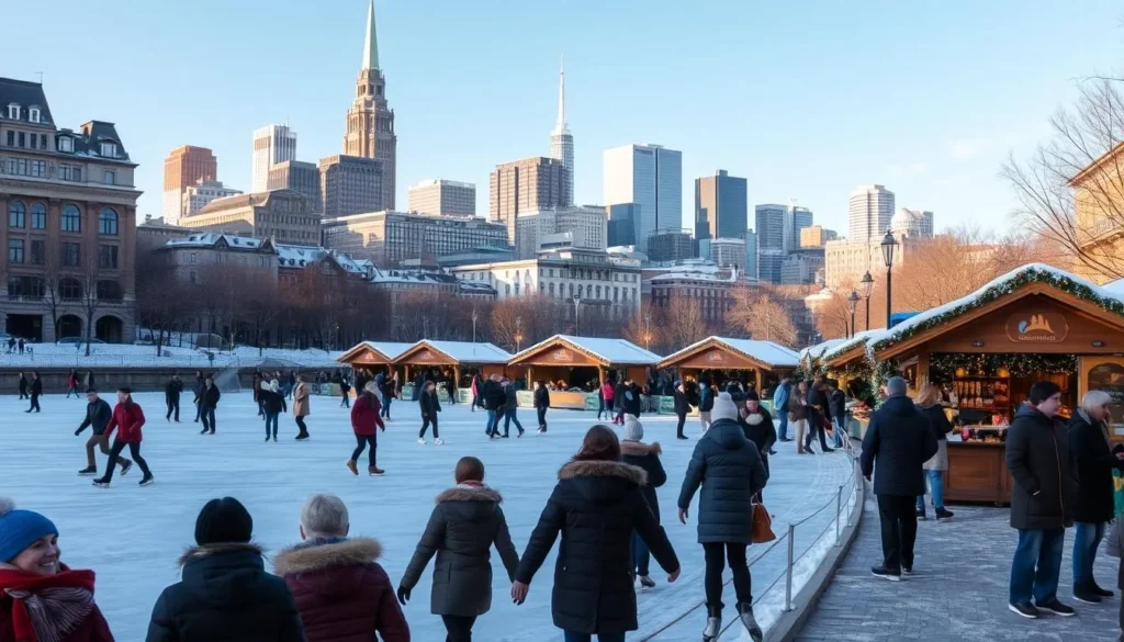 A picturesque winter scene in downtown Montreal, Canada. In the foreground, people ice skating on a frozen lake, bundled up in cozy coats and scarves. The middle ground features a charming holiday market, with wooden stalls selling local crafts and steaming mugs of hot cocoa. In the background, the iconic architectural skyline of Montreal rises, its historic buildings and modern skyscrapers dusted with a light layer of snow. The scene is bathed in a soft, golden light, creating a warm and inviting atmosphere. A crisp, clear winter day, with a hint of festive cheer in the air.