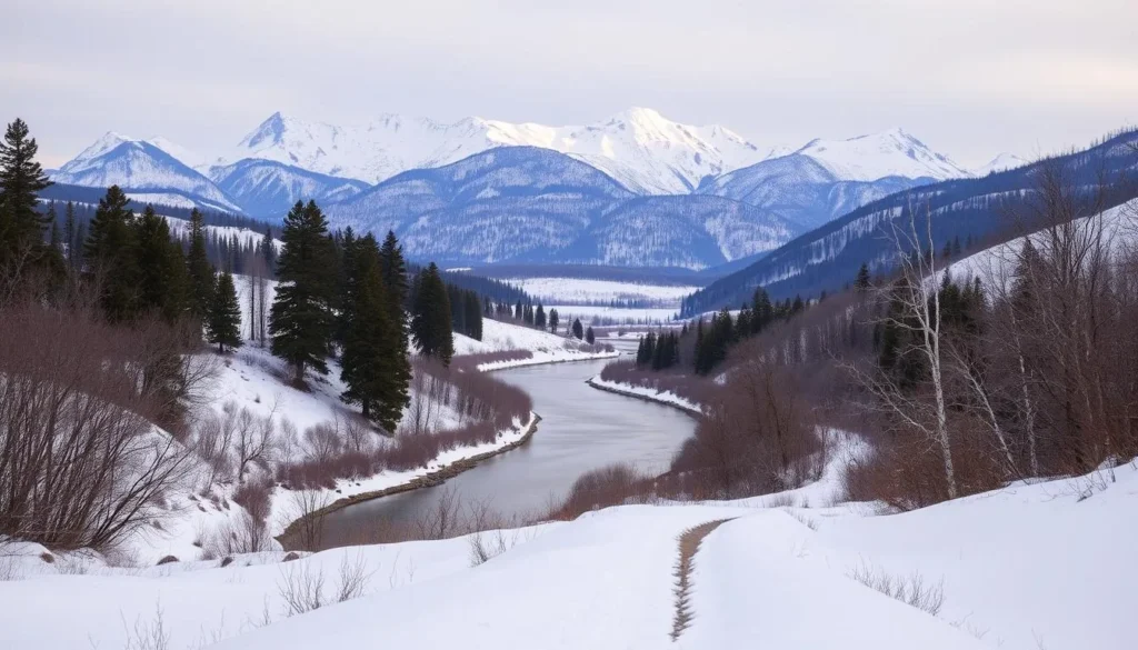 A picturesque winter scene in the Sierra Foothills, California. Snow-capped mountains rise majestically in the background, their peaks glistening under the soft, diffused light of an overcast sky. In the middle ground, a winding river snakes through a landscape blanketed in a pristine layer of white, its banks dotted with towering pines and bare deciduous trees. In the foreground, a narrow path leads through the snowy wonderland, inviting the viewer to explore the serene and tranquil setting. The overall atmosphere is one of peaceful calm, capturing the essence of a beautiful winter day in this stunning region.