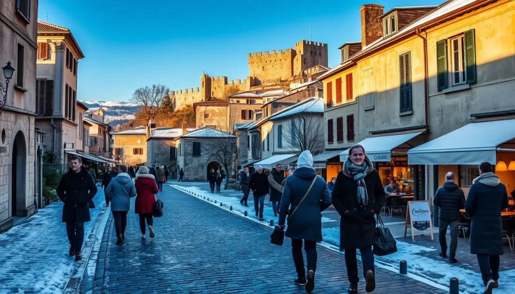 A picturesque winter scene in the charming medieval village of Èze, France. The historic cobblestone streets are dusted with a light layer of snow, with the iconic Èze Castle and its surrounding stone buildings casting long shadows in the crisp, golden afternoon light. In the foreground, locals and visitors stroll leisurely, bundled up in warm coats and scarves, taking in the serene, snow-capped vistas of the Mediterranean coastline in the distance. Warm lighting emanates from the windows of cozy cafes and shops, inviting passersby to linger and enjoy the tranquil, wintry ambiance of this picturesque French village.