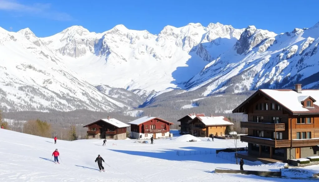 A picturesque winter wonderland in the French Alps, the Val d'Isère ski resort nestled amidst towering snow-capped peaks. In the foreground, skiers glide gracefully down pristine slopes, their colorful attire contrasting against the crisp, white snow. In the middle ground, charming alpine chalets with red-tiled roofs and cozy balconies dot the landscape, while in the background, a magnificent mountain range stretches out, its rugged cliffs and glaciers bathed in the warm glow of the sun. The scene is infused with a sense of tranquility and adventure, inviting travelers to immerse themselves in the beauty and excitement of this premier winter destination.