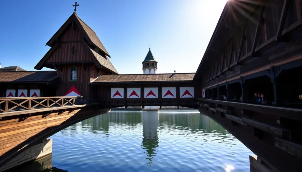 A picturesque wooden footbridge spanning the tranquil waters of Lake Lucerne, the iconic Chapel Bridge (Kapellbrücke) stands as a beloved landmark in the heart of Lucerne, Switzerland. Capture the historical charm of this 14th-century structure, its distinctive peaked roof and ornate triangular gables reflected in the mirror-like surface below. Sunlight dances across the weathered timber, illuminating the vibrant red-and-white painted triangular design panels that adorn the bridge's interior. In the distance, the stately Water Tower (Wasserturm) rises gracefully, its octagonal silhouette a picturesque counterpoint to the bridge's linear form. Convey the serene atmosphere of this picturesque setting, where the past and present coexist in perfect harmony.