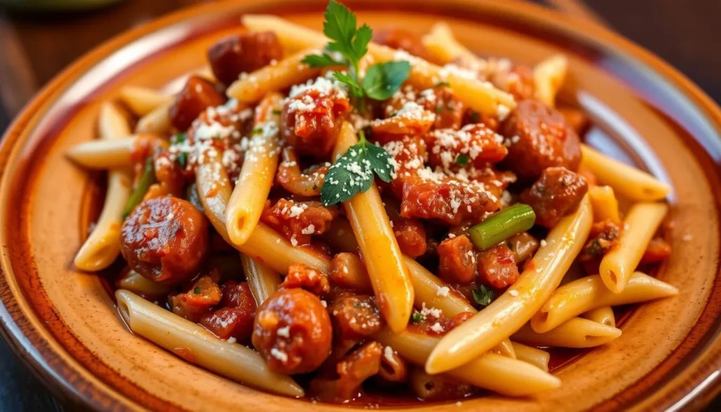 A plate of Italian pasta with sausage and peppers from Mangia Restaurant in Hollister A plate of Italian pasta with sausage and peppers from Mangia Restaurant in Hollister