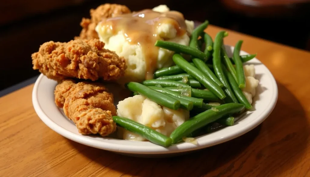 A plate of Southern cuisine at a popular Murfreesboro restaurant featuring fried chicken, mashed potatoes, and green beans A plate of Southern cuisine at a popular Murfreesboro restaurant featuring fried chicken, mashed potatoes, and green beans