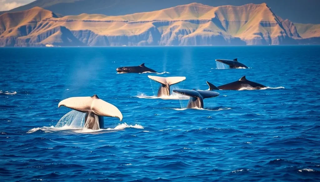 A pod of magnificent humpback whales breaching the cerulean waters of the Pacific, their massive bodies glistening in the warm Hawaiian sun. In the foreground, a mother whale guides her calf to the surface, their powerful tails creating a majestic display. The middle ground features several whales engaged in their graceful, acrobatic dance, their flukes and blowholes puncturing the calm sea. In the distance, the lush, verdant coastline of Hawaii frames the scene, creating a picturesque backdrop for this natural spectacle. The warm, golden lighting casts a serene, almost ethereal glow over the entire composition, capturing the tranquility and beauty of springtime in the Hawaiian islands.