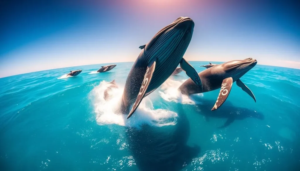 A pod of massive humpback whales breaching gracefully against the backdrop of a vibrant blue ocean, illuminated by the warm rays of the sun. The whales' sleek, glistening bodies emerge from the waves, their distinctive humped backs and elongated pectoral fins cutting through the water's surface. The scene is captured with a wide-angle lens, showcasing the sheer scale and power of these majestic marine mammals. The mood is one of awe and wonder, highlighting the natural beauty and seasonal migration of these incredible creatures along the Coral Coast of Western Australia.