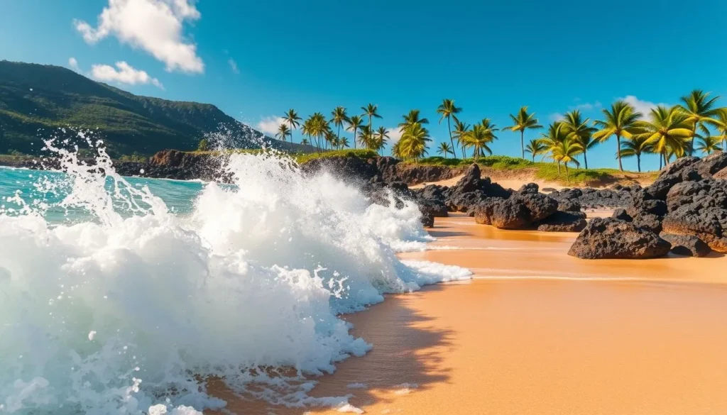A powerful shore break crashes against the golden sands of a picturesque Hawaiian beach. In the foreground, crystalline turquoise waves surge and foam, their motion frozen in time. The middle ground reveals rugged lava rocks and coral formations, while the background showcases lush, verdant palm trees swaying gently in the tropical breeze. Bright, warm sunlight bathes the scene, casting long shadows and highlighting the dynamic interplay of light and water. The overall mood is one of raw, untamed natural beauty, underscoring the need for caution and respect when enjoying this powerful coastal environment.