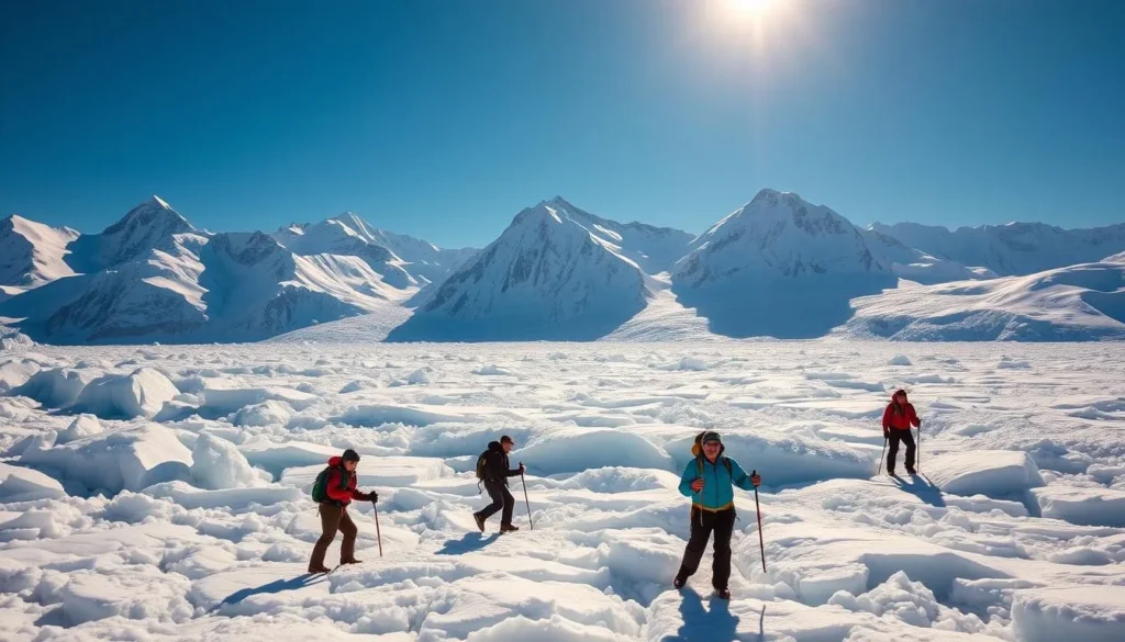 A pristine alpine glacier stretches out under a clear, azure sky. Jagged, snow-capped peaks rise majestically in the background, casting long shadows across the ice. In the foreground, a group of adventurous explorers equipped with ice axes and crampons cautiously navigate the intricate network of crevasses and seracs, their faces alight with a sense of wonder and exhilaration. The scene is bathed in the warm, golden glow of the sun, creating a breathtaking contrast between the stark, icy landscape and the vibrant, vibrant colors. The overall mood is one of adventure, discovery, and the pure, unadulterated beauty of the natural world.