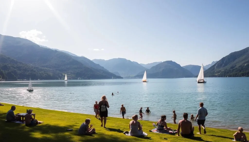 A pristine alpine lake surrounded by lush, verdant hills under a bright, sun-dappled sky. In the foreground, people enjoy various summer activities - a group of friends picnicking on the grassy shore, a couple strolling hand-in-hand, children splashing in the crystal-clear waters. Sailboats glide across the glistening surface, their white sails catching the gentle breeze. The scene radiates a sense of tranquility and leisure, capturing the essence of an idyllic summer day at Lake Geneva, Switzerland.