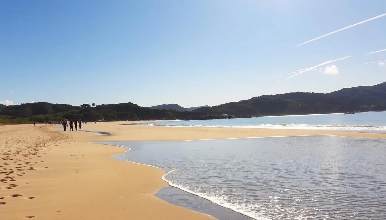 A pristine beach at Cowell Ranch, California, with soft golden sand and gentle waves lapping at the shore. In the foreground, a group of people leisurely strolling along the water's edge, their shadows stretching across the sand. The middle ground features a picturesque coastal landscape, with rugged cliffs and lush vegetation overlooking the tranquil bay. In the background, the Cowell Ranch Reservoir glistens under a warm, sunny sky, with a few wispy clouds drifting overhead. The scene is bathed in a warm, golden light, creating a serene and inviting atmosphere.