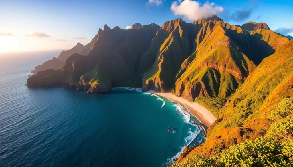 A pristine coastline of rugged cliffs and lush, verdant foliage cascading into the azure waters of the Pacific Ocean. The Na Pali Coast, a breathtaking natural wonder on the island of Kauai, Hawaii. Capture this idyllic scene with a wide-angle lens, showcasing the dramatic landscape in all its glory. Warm, golden sunlight bathes the scene, highlighting the intricate textures of the towering sea cliffs and the gentle waves lapping at the pristine white-sand beach. Convey a sense of tranquility and awe, inviting the viewer to imagine themselves immersed in this unspoiled tropical paradise.