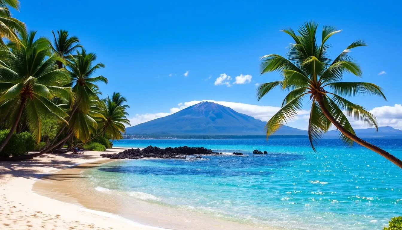 A pristine crescent-shaped bay framed by lush tropical foliage, the clear turquoise waters of Kauna'oa (Mauna Kea) Beach sparkle under the warm Hawaiian sun. In the foreground, fine white sand invites beachgoers to stroll, swim, and relax. The middle ground features swaying palm trees casting gentle shadows, while the distant backdrop showcases the majestic slopes of Mauna Kea volcano, its peak shrouded in wispy clouds. The scene exudes a tranquil, idyllic atmosphere, perfectly capturing the essence of this picturesque beach destination on the Big Island of Hawaii.