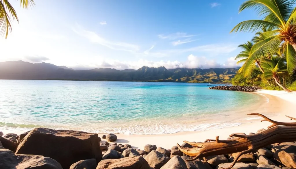 A pristine crescent-shaped bay with crystal-clear turquoise waters lapping against a pristine white sand beach, surrounded by lush tropical foliage and rolling green hills in the distance. Warm golden sunlight filters through wispy clouds, casting a soft, natural glow over the serene scene. A gentle breeze ruffles the surface of the calm ocean, creating subtle ripples. In the foreground, smooth rocks and driftwood accent the shoreline, while in the middle ground, swaying palm trees and vibrant native flora frame the tranquil vista. Capture the essence of this picturesque Hawaiian paradise with a wide-angle lens to showcase the breathtaking natural beauty of Kapalua Bay Beach.