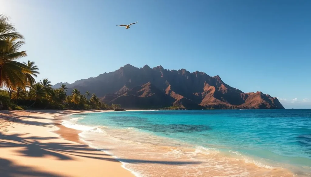 A pristine crescent-shaped beach on the island of Molokai, Hawaii. Vibrant turquoise waters gently lap against the soft, golden sand. Swaying palm trees line the shore, casting dappled shadows. In the distance, rugged volcanic cliffs rise up, their jagged peaks silhouetted against a clear, azure sky. Beams of warm, golden sunlight illuminate the scene, creating a serene and tranquil atmosphere. Seabirds soar overhead, their cries carried on the light ocean breeze. This idyllic beach offers a glimpse of Molokai's unspoiled natural beauty and pristine shorelines.