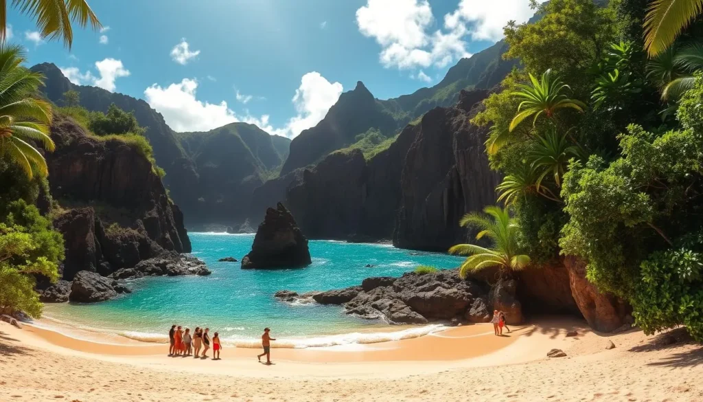 A pristine, sun-dappled beach cove with lush, tropical foliage framing the azure waters of Halona Beach, Oahu. Towering sea cliffs and volcanic rock formations create a dramatic, natural amphitheater. A group of visitors explore the secluded, sandy shore, taking in the breathtaking views. Warm, golden light filters through wispy clouds, casting a serene, idyllic atmosphere. The scene is captured with a wide-angle lens, highlighting the scale and grandeur of this stunning Hawaiian landscape.