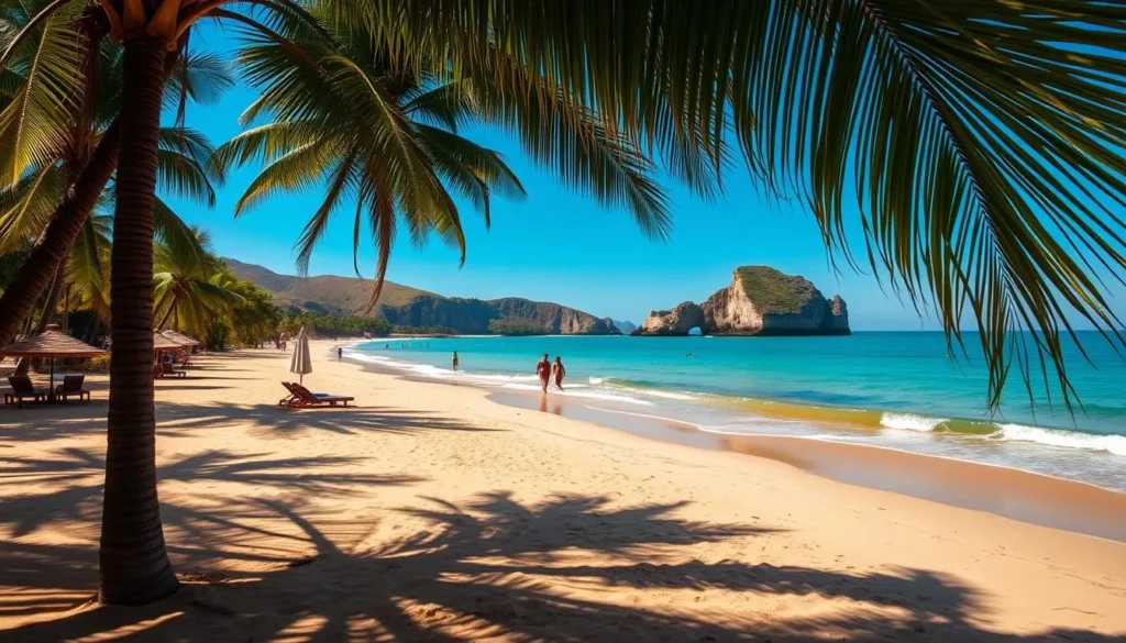 A pristine, sun-drenched tropical beach in Mũi Né, Vietnam. Fine, golden sand stretches out to meet the gently lapping turquoise waves of the East Sea. Swaying palm trees cast dappled shadows on the shore, creating a serene, relaxing atmosphere. In the foreground, a few beach umbrellas and lounge chairs invite visitors to unwind. The middle ground features a few people strolling along the water's edge or swimming in the inviting waters. The background showcases the stunning cliffs and rolling hills that characterize the Mũi Né coastline, bathed in warm, golden light. The overall scene evokes a sense of tranquility, natural beauty, and the perfect tropical beach escape.