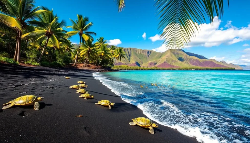A pristine tropical beach on the island of Hawaii, Punaluʻu Beach. In the foreground, vibrant green sea turtles bask on the jet-black volcanic sand, their shells reflecting the warm sunlight. Nearby, colorful schools of fish dart through the clear turquoise waters. In the middle ground, palm trees sway gently in the island breeze, their fronds casting dappled shadows on the beach. In the distance, the lush green slopes of the Mauna Loa volcano rise majestically, framing the serene coastal scene. The atmosphere is one of tranquility and natural wonder, inviting visitors to immerse themselves in the beauty of Hawaii's unique wildlife and landscape.
