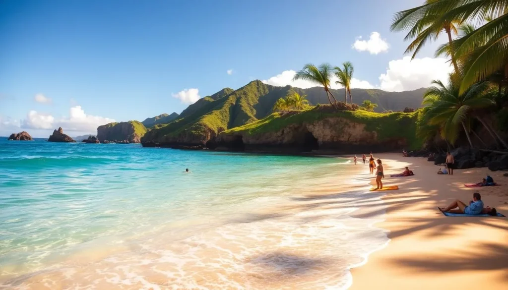 A pristine tropical beach on the island of Kauai, Hawaii. Golden sand gently slopes down to crystal-clear turquoise waters, framed by lush green cliffs and swaying palm trees. Sunlight dances across the waves, illuminating the vibrant colors. In the distance, a series of dramatic sea arches and rocky outcroppings create a dramatic, natural setting. Beachgoers relax on towels, wading in the shallow surf. The atmosphere is serene and peaceful, inviting visitors to enjoy the natural beauty of Tunnels Beach.