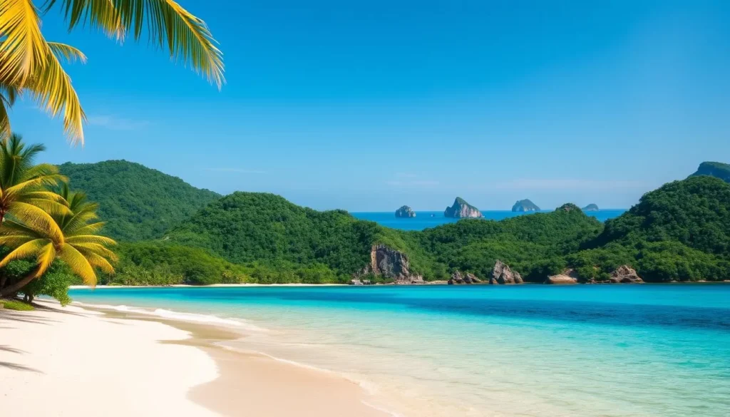 A pristine tropical island paradise, Koh Rong Island in Cambodia emerges from the turquoise waters of the Gulf of Thailand. In the foreground, a sun-dappled beach of golden sand curves along the shoreline, flanked by swaying palm trees. The middle ground reveals lush, verdant jungle-clad hills, their dense foliage casting soothing shadows. In the distance, the horizon is dotted with rocky outcroppings and tiny uninhabited islets, their sharp silhouettes contrasting against the bright azure sky. Gentle ocean breezes and the soft lapping of waves create a serene, tranquil atmosphere, inviting visitors to lose themselves in the unspoiled natural beauty of this island paradise.