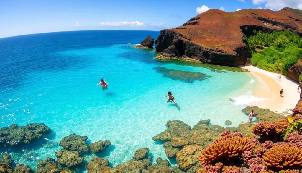 A pristine turquoise cove, with sunlight dancing on the gentle waves. In the foreground, snorkelers gracefully explore the vibrant coral gardens and schools of tropical fish. The middleground features a sheltered sandy beach, framed by rugged volcanic cliffs and lush verdant foliage. In the distance, the vast Pacific Ocean stretches towards the horizon, a deep azure hue. Capture this idyllic Hawaiian scene with a wide-angle lens, showcasing the natural beauty and tranquility of Shark's Cove, Oahu.