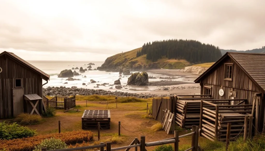 A quaint 19th century salt works nestled along the rugged Oregon coast, under a soft, overcast sky. In the foreground, wooden structures and drying racks stand in a well-tended garden, surrounded by weathered fences. The middle ground reveals a picturesque shoreline, dotted with large rocks and crashing waves. In the distance, a lush, forested hillside rises up, creating a serene, historic atmosphere. Warm, natural lighting bathes the scene, creating a sense of timeless tranquility. The overall composition evokes a connection to Seaside's maritime past, inviting the viewer to step into this peaceful, coastal setting.