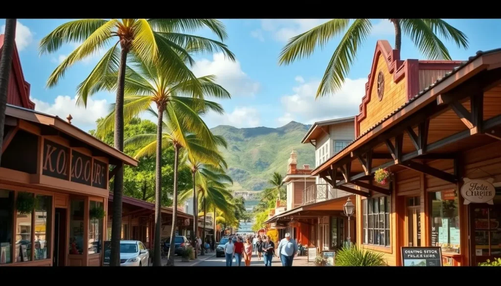 A quaint 19th-century village nestled along the serene Koloa River, Old Koloa Town beckons with its charming wooden storefronts and historic buildings. Capture the sun-dappled streets, lined with towering palms and blooming plumeria trees. In the foreground, shopkeepers tend to their colorful wares, while in the middle ground, locals and visitors stroll leisurely, soaking in the town's rich heritage. The backdrop features the lush, rolling hills of Kauai, framing this idyllic, time-honored scene. Utilize a warm, natural lighting that enhances the town's timeless allure, conveying a sense of tranquility and discovery.