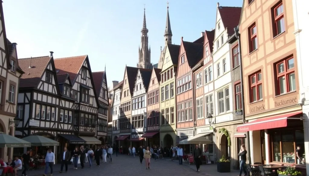 A quaint, cobblestone-lined street in the historic Altstadt (Old Town) of Düsseldorf, Germany, on a pleasant sunny day. Rows of charming, half-timbered buildings with ornate facades line the street, their vibrant colors and intricate architectural details illuminated by the soft, warm light. People stroll leisurely, browsing the local shops and cafes that spill out onto the sidewalks. In the distance, the spire of an old church rises above the rooftops, adding to the picturesque, timeless ambiance of this well-preserved urban center.