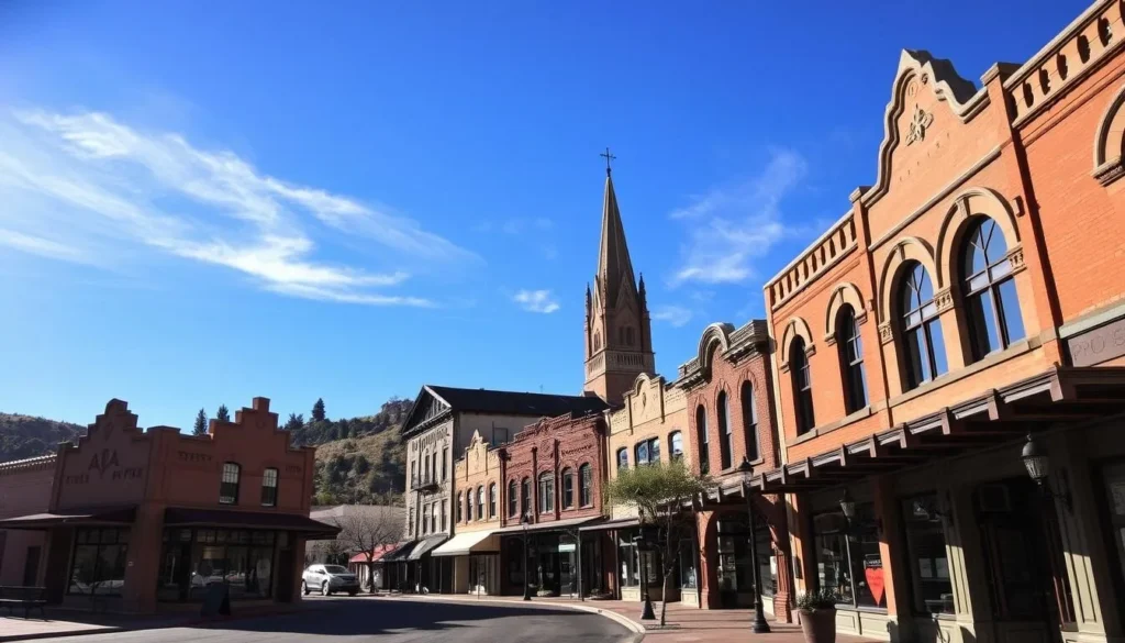 A quaint historic town nestled in the rolling hills, Silver City's charming buildings stand tall against a vibrant blue sky. In the foreground, turn-of-the-century storefronts with intricate facades cast long shadows onto the sun-dappled sidewalks. In the middle ground, ornate cornices and arched windows of the town's civic buildings reflect the warm afternoon light. Towering in the background, the steeple of an iconic church rises majestically, its gothic architecture a testament to the city's storied past. Capture the timeless elegance and small-town ambiance of this captivating Southwestern destination.