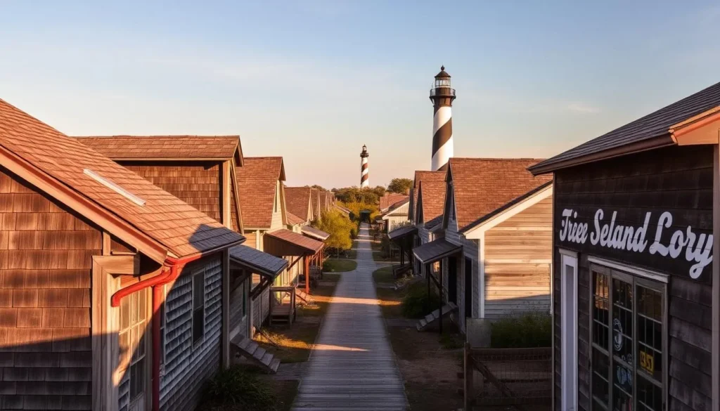 A quaint historic village nestled on the shores of Portsmouth Island, North Carolina. Weathered wooden buildings stand proudly, their shingles and clapboards weathered by the salty sea breeze. Shaded pathways wind between the structures, inviting visitors to explore the island's rich maritime heritage. In the distance, a lighthouse tower rises, a beacon guiding ships through the surrounding waters. The scene is bathed in warm, golden light, casting a serene, nostalgic atmosphere over the charming historic site. A tranquil day on the Outer Banks, capturing the essence of this picturesque coastal community.