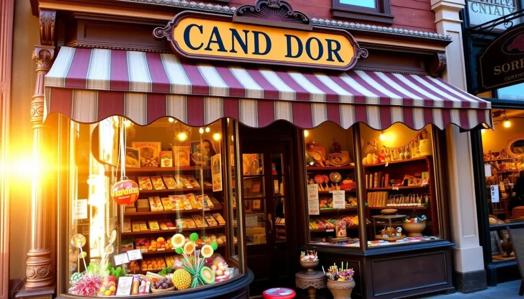A quaint, old-fashioned candy shop nestled in the historic streets of Virginia City, Montana. The storefront features intricate wooden details and a charming striped awning, welcoming visitors to step inside. The display windows showcase an assortment of colorful, handcrafted candies and confections, from taffy and fudge to lollipops and caramel apples. Warm, golden sunlight filters through the large windows, illuminating the inviting interior filled with vintage furnishings and shelves stocked with an array of sweet treats. The atmosphere is nostalgic and inviting, perfect for families exploring the town's rich history and seeking a delightful stop for a tasty indulgence.