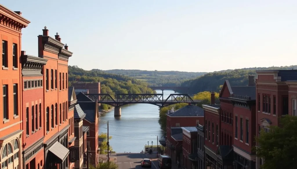 A quaint town nestled along the banks of the Ohio River, Marietta, Ohio boasts a rich history evident in its well-preserved 19th-century architecture. In the foreground, capture the historic buildings lining Front Street, their red brick facades and ornate details bathed in warm, golden sunlight. In the middle ground, the Muskingum River flows calmly, with historic bridges connecting the two sides of the town. In the background, rolling hills and lush greenery create a picturesque backdrop, hinting at the town's natural charm. Use a wide-angle lens to showcase the scenic confluence of the rivers and the town's quaint character, conveying a sense of timeless elegance and small-town Americana.
