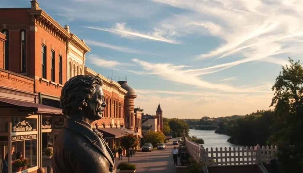 A quaint town nestled along the banks of the mighty Mississippi River, Hannibal, Missouri, stands as the picturesque birthplace of celebrated author Mark Twain. Captured in golden afternoon light, the historic downtown exudes a timeless charm, with Victorian-era storefronts and tree-lined streets. In the foreground, a statue of a young Twain gazes out over the bustling riverfront, while in the distance, the iconic white-painted fence from his classic novel "The Adventures of Tom Sawyer" winds its way through a lush, verdant landscape. Wispy clouds drift overhead, casting soft shadows on the scene below, evoking a sense of tranquility and nostalgia in this quintessential American town.