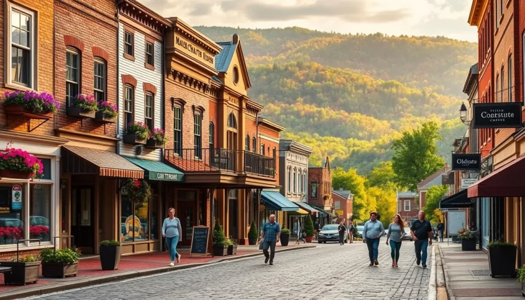 A quaint town nestled in the picturesque Pocono Mountains, Jim Thorpe stands as a charming time capsule. Capture its essence with a scene showcasing the historic downtown's Victorian architecture, adorned with colorful flower boxes and lush greenery. In the foreground, a cobblestone street leads to a focal point - the iconic Mauch Chunk Opera House, its grand facade bathed in warm, golden sunlight. Pedestrians stroll leisurely, evoking a sense of tranquility and small-town delight. The middle ground features local shops and cafes, their inviting facades beckoning visitors to explore. In the distance, rolling hills and dense forests create a picturesque backdrop, highlighting the town's natural beauty. Overall, the image should convey the quaint, picturesque atmosphere of this quintessential Pennsylvania town.
