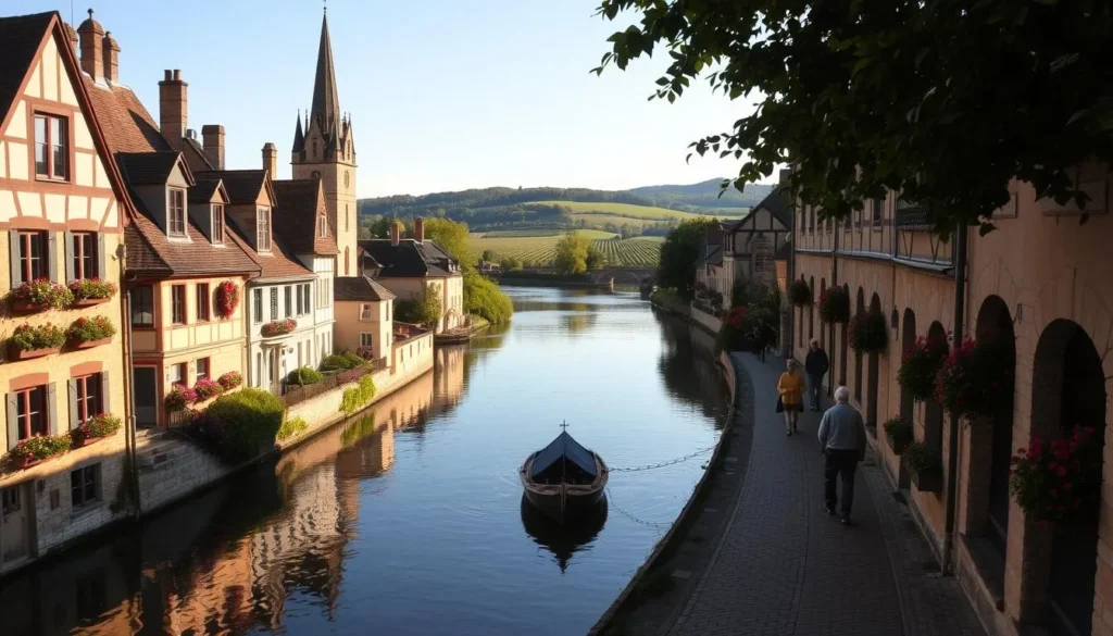 A quaint village nestled along the serene Loire River, its charming half-timbered houses and cobblestone streets bathed in warm, golden sunlight. Flowering window boxes and towering cathedral spires create a timeless, picturesque scene. In the foreground, locals stroll leisurely, while a tranquil river reflection in the middle ground leads the eye to rolling hills and lush vineyards in the distance. Capture the essence of this enchanting, off-the-beaten-path corner of the Loire Valley, France.
