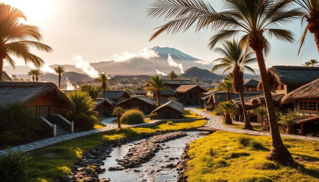A quaint village nestled within a vast, picturesque volcanic landscape. Thatched-roof cottages and cobblestone paths wind through a lush, verdant setting, with towering mountains in the distance, their peaks capped in snow. Wisps of steam rise from natural hot springs, creating an air of tranquility. Warm sunlight filters through the canopy of palm trees, casting a golden glow over the scene. In the foreground, a small stream babbles its way through the village, its crystal-clear waters reflecting the surrounding natural beauty. The overall atmosphere is one of serene, rustic charm, inviting visitors to immerse themselves in the unique blend of volcanic and tropical elements.
