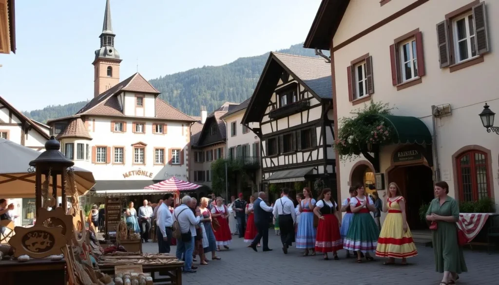 A quaint village square in Nidwalden, Switzerland, on a pleasant summer day. In the foreground, local artisans display their handcrafted wares, from delicate wood carvings to vibrant textile designs. In the middle ground, a group of villagers in traditional costumes perform a lively folk dance, their movements graceful and energetic. In the background, the historic town hall and church spires stand tall, casting warm shadows across the scene. The lighting is soft and diffused, creating a serene, picturesque atmosphere that captures the essence of Nidwalden's rich cultural heritage.