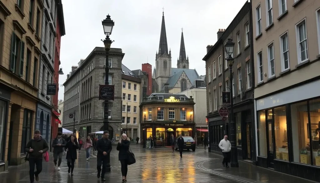 A rainy day in Dublin's charming city center, with pedestrians hurrying along the cobblestone streets under the soft glow of vintage street lamps. Towering Georgian buildings line the sidewalks, their stone facades weathered by the gentle drizzle. In the middle ground, a cozy pub beckons, its warm yellow light spilling out onto the glistening pavement. In the distance, the iconic spires of Christ Church Cathedral pierce the low-hanging clouds, adding a sense of timeless elegance to the scene. The overall mood is one of quiet contemplation, as the rain lends a serene, atmospheric quality to the urban landscape.