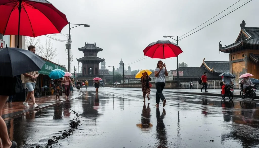 A rainy street in Hue, Vietnam during the monsoon season. Puddles reflect the gloomy sky as pedestrians hurry under colorful umbrellas. In the middle distance, the pagodas and temples of the historic city peek through a misty veil. The ancient citadel walls and rooftops are softened by the gentle patter of rain. A sense of tranquility and timelessness pervades the scene, despite the inclement weather. Diffused natural light casts a moody, atmospheric tone. Capture the essence of Hue's rainy season with a cinematic, documentary-style perspective.