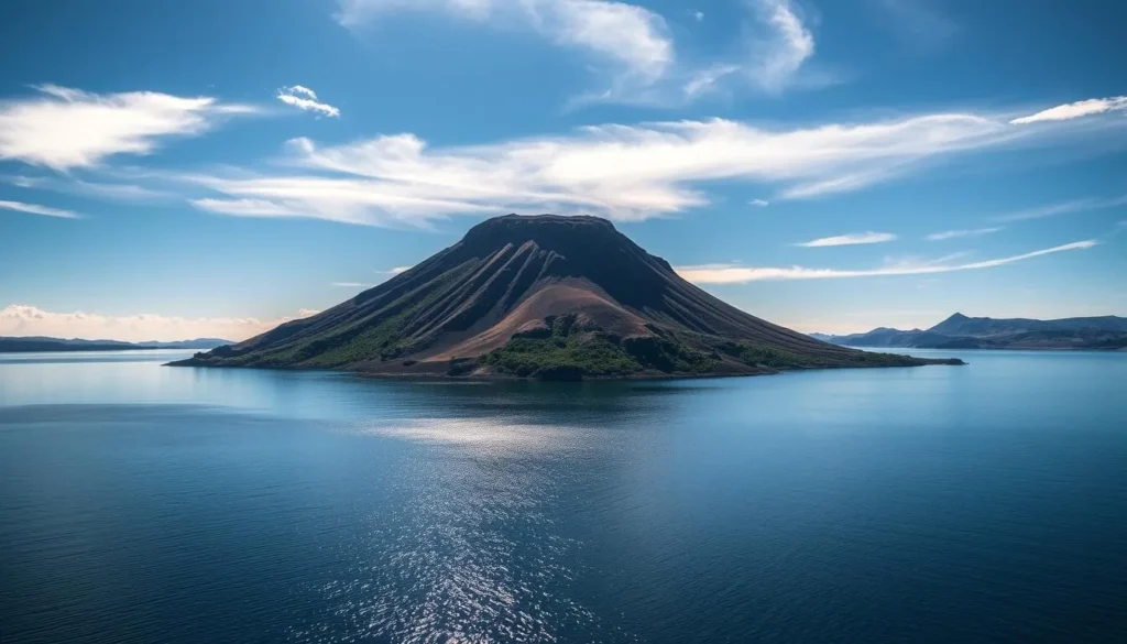 A remote, rocky island emerges from the tranquil waters of a picturesque lake, its volcanic cliffs casting dramatic shadows across the serene surface. Sunlight filters through wispy clouds, illuminating the island's rugged terrain and lush vegetation. In the foreground, a shimmering reflection creates a sense of depth and mystique. The image conveys a feeling of isolation and natural wonder, inviting the viewer to explore this unique geological formation nestled within the stunning landscape of Crater Lake National Park.