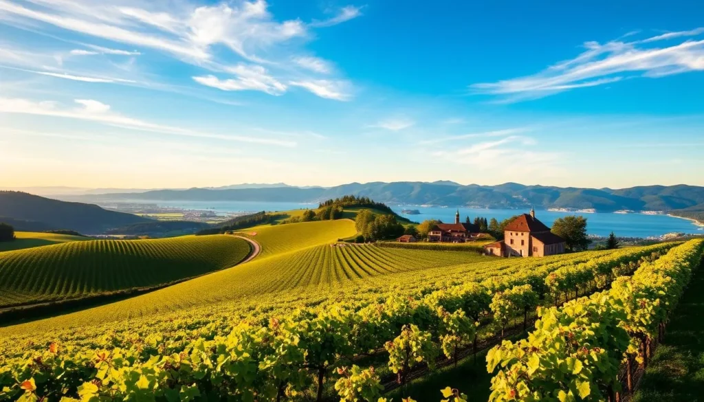 A rolling, verdant landscape with neatly organized rows of grapevines stretching across the gentle slopes of Mont Vully, their leaves and clusters of grapes glowing in the warm, golden sunlight. In the distance, the serene waters of Lake Murten shimmer, reflecting the surrounding hills and vineyards. A picturesque winery, with its rustic stone buildings and charming wine cellar, nestles among the vines, inviting visitors to explore and sample the local vintages. A clear, blue sky with wispy clouds overhead completes the idyllic, pastoral scene, capturing the essence of Switzerland's renowned wine country.