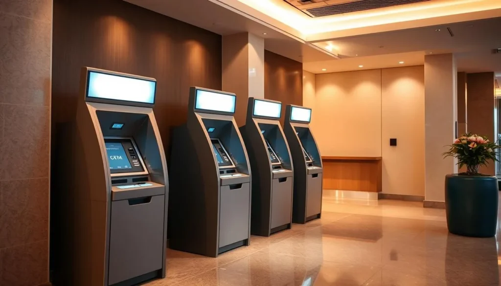 A row of modern, sleek ATM machines situated in a well-lit, spacious lobby. The machines have an elegant, minimalist design with discrete LED displays and touch interfaces. The lighting is warm and inviting, creating a pleasant, functional atmosphere. The floor is made of polished granite or marble, and the walls feature neutral-toned, contemporary decor. The scene conveys a sense of accessibility, security, and efficiency - an ideal setting for withdrawing cash while traveling in Eswatini.