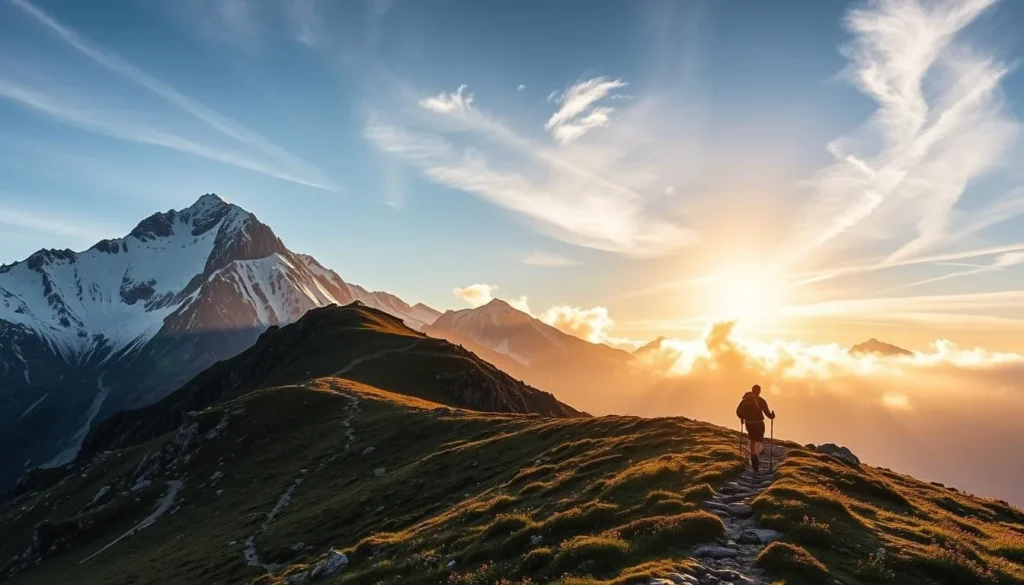A rugged alpine trail winds through the dramatic landscape of the Dufourspitze mountain in Switzerland. Towering snow-capped peaks rise in the distance, casting long shadows over the rocky terrain. In the foreground, the path meanders through lush alpine meadows, dotted with vibrant wildflowers. Hikers traverse the trail, their figures silhouetted against the stunning vistas. Warm, golden sunlight filters through wispy clouds, creating a serene and awe-inspiring atmosphere. The scene conveys the grandeur and majesty of the Swiss Alps, perfectly capturing the essence of the journey to the iconic Dufourspitze summit.