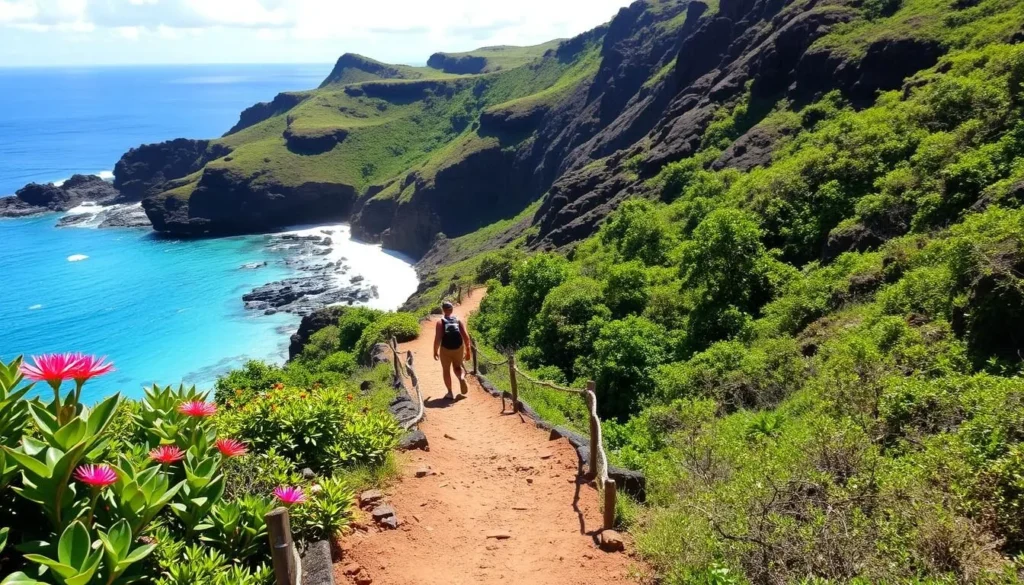 A rugged coastal trail winds through lush tropical foliage, leading to the pristine shores of Polihua Beach. Crystalline azure waters glisten under the warm Hawaiian sun, framed by towering volcanic cliffs. Hikers traverse the well-maintained path, their footsteps crunching on the rocky terrain. Vibrant flora dots the landscape, adding pops of color to the serene scene. The trail offers sweeping vistas of the Pacific Ocean, with gentle waves lapping at the powdery white sand. Capture the adventurous spirit of this picturesque hike to Polihua Beach, a true natural wonder of Lanai.