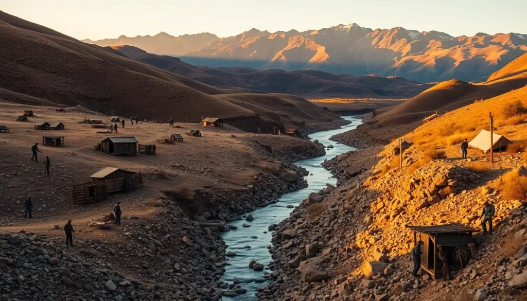 A rugged landscape with rolling hills and a winding river cuts through the center. In the foreground, prospectors sift through the rocky terrain, searching for glittering nuggets of gold. Rickety wooden structures and tents dot the scene, hinting at the makeshift settlements that sprung up during the California Gold Rush. The warm, golden light casts a nostalgic glow over the entire tableau, transporting the viewer back to the excitement and hardship of that historic era. In the distance, majestic mountains rise up, framing the scene with a sense of timeless grandeur. The overall atmosphere conveys the pioneering spirit and adventurous energy of the American West during its formative years.