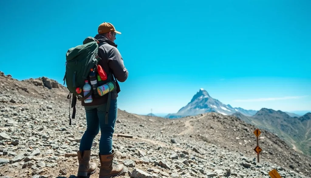 A rugged mountain landscape under a clear, azure sky. In the foreground, a well-equipped hiker stands prepared, backpack laden with essential gear - flashlight, water, first-aid kit, and emergency blanket. Sturdy hiking boots and a windbreaker shield against the elements. In the middle ground, a trail winds through the rocky terrain, leading towards a towering peak in the distance. Signposts and trail markers provide guidance. The atmosphere conveys a sense of adventure and readiness, with the hiker embodying the spirit of outdoor safety and preparedness.